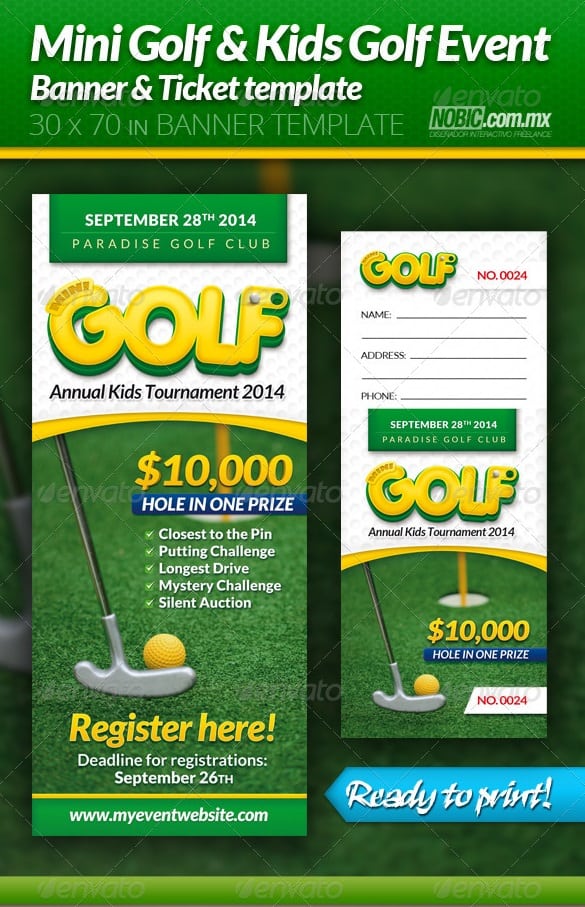 mini golf and kids golf event banner and ticket